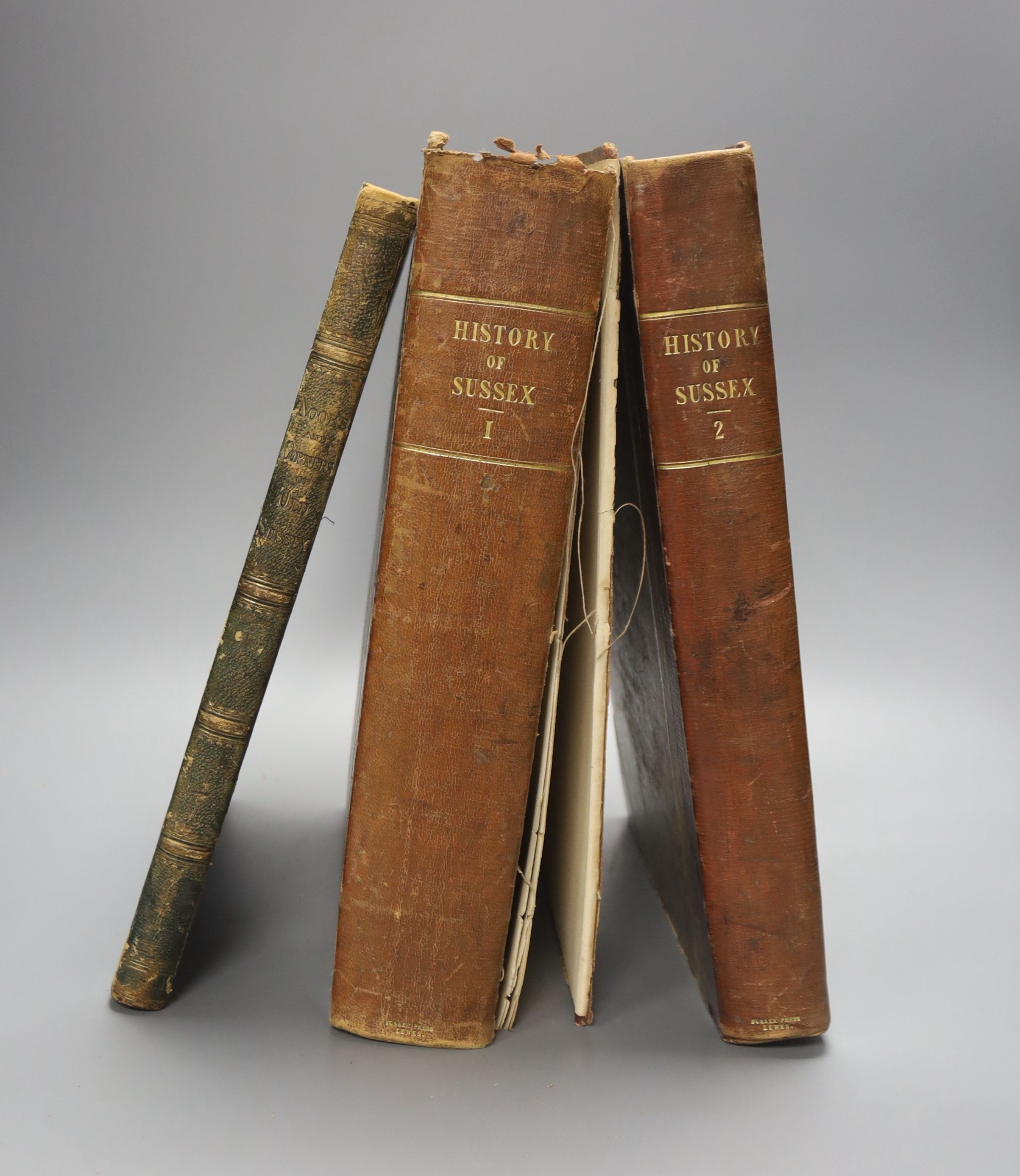 Horsfield, Thomas Walker - The History, Antiquities and Topography of the County of Sussex, 2 vols, folio, half calf, front board detached in vol 1, Baxter, Lewes, 1835 and Putron, P de Rev. - Nooks and Corners of Old Su